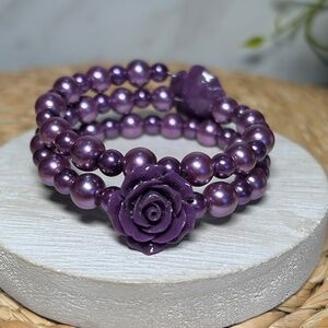 Purple Rose Memory Wire Acrylic Beaded Bracelet